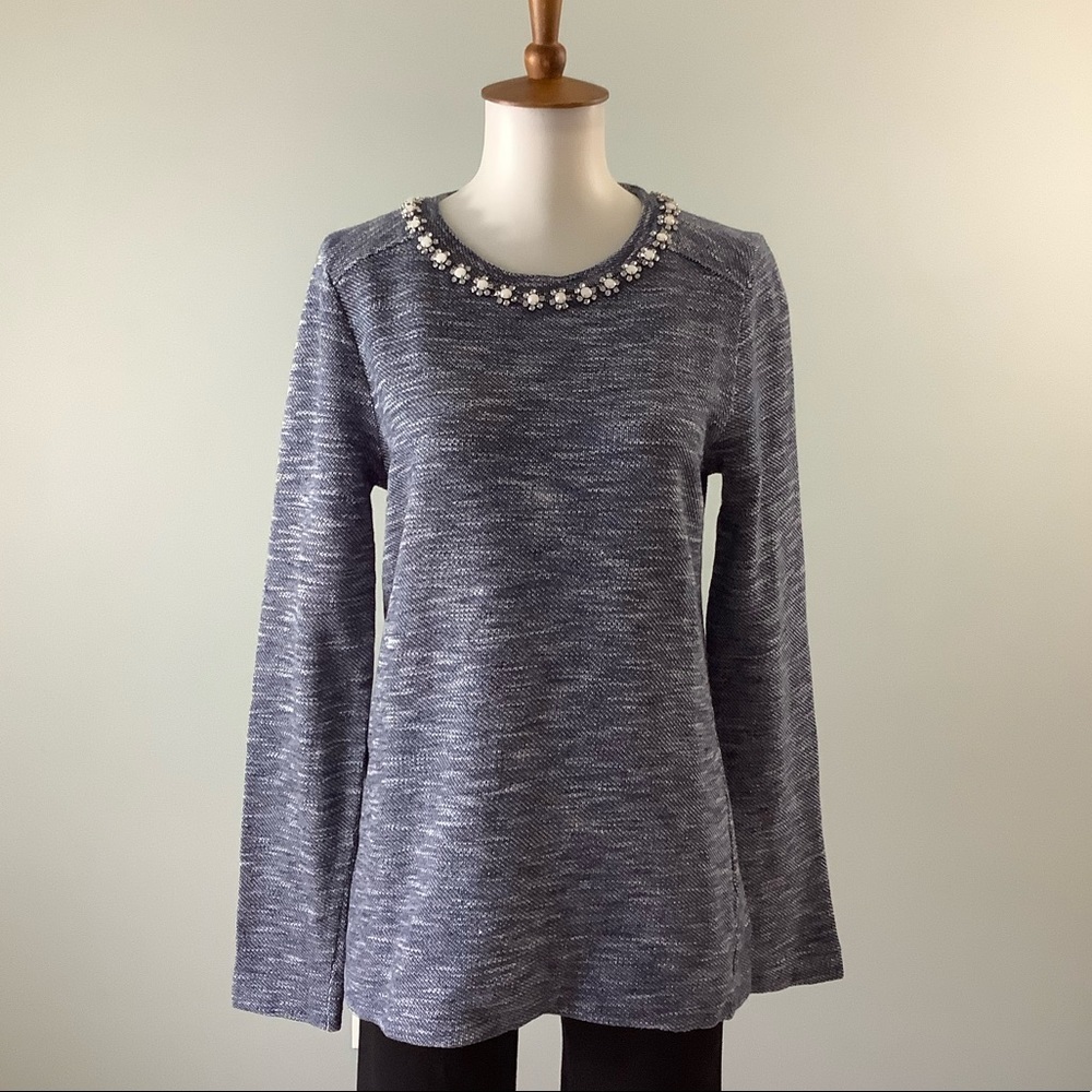 J. Crew Navy Marled Sweatshirt with Jeweled Neckline Size S